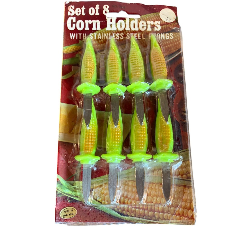 Vintage Set of 8 Corn Holders Stainless Steel Prongs Made in Hong Kong (Sealed)
